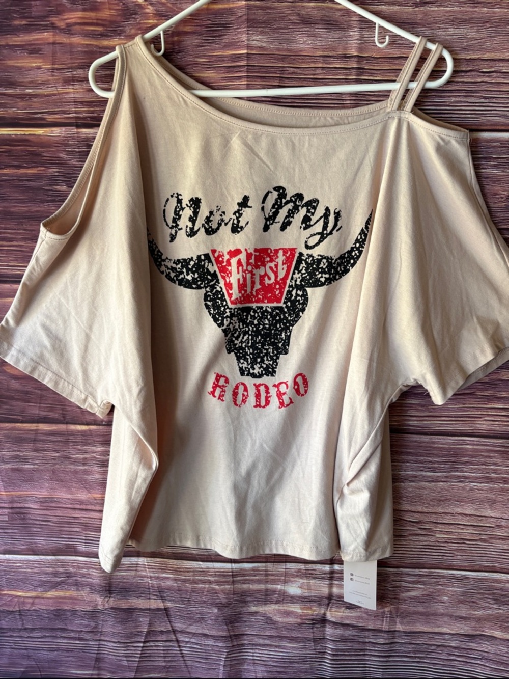 Cold-Shoulder Short Sleeve Tee in Beige with Rodeo Graphic